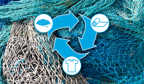 Ausgemustertes Polyamid 6 wird zu Granulat verarbeitet, zu Rollen verarbeitet und in komfortable, atmungsaktive Kleidung verwandelt.